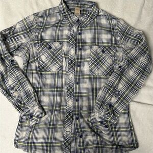 Duluth Trading Co Navy and Lime Plaid Button-Down Shirt